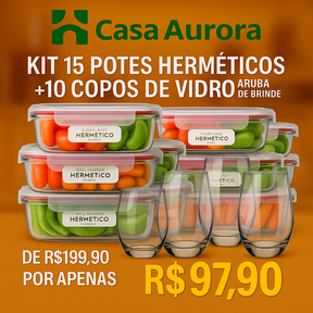 Kit 15 Potes Herméticos de Vidro + 10 Copos de Vidro Aruba de Brinde